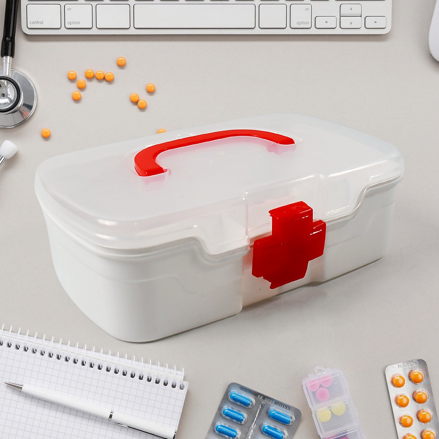 3-Compartment First Aid Box - Portable Medicine Storage with Detachable Tray & Transparent Lid 3-Compartment First Aid Box - Portable Medicine Storage with Detachable Tray & Transparent Lid